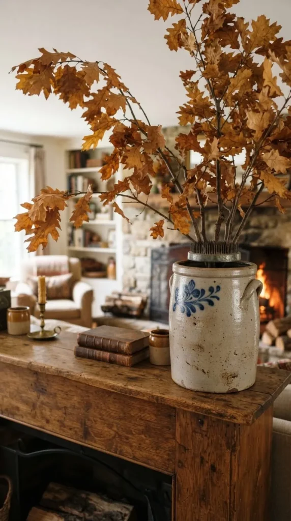 Rustic wooden mantel with dried oak branches in jar fireplace