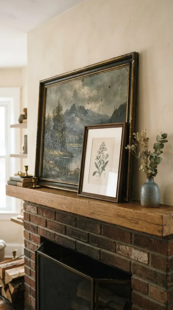 Framed paintings and vase on wooden mantel above brick fireplace