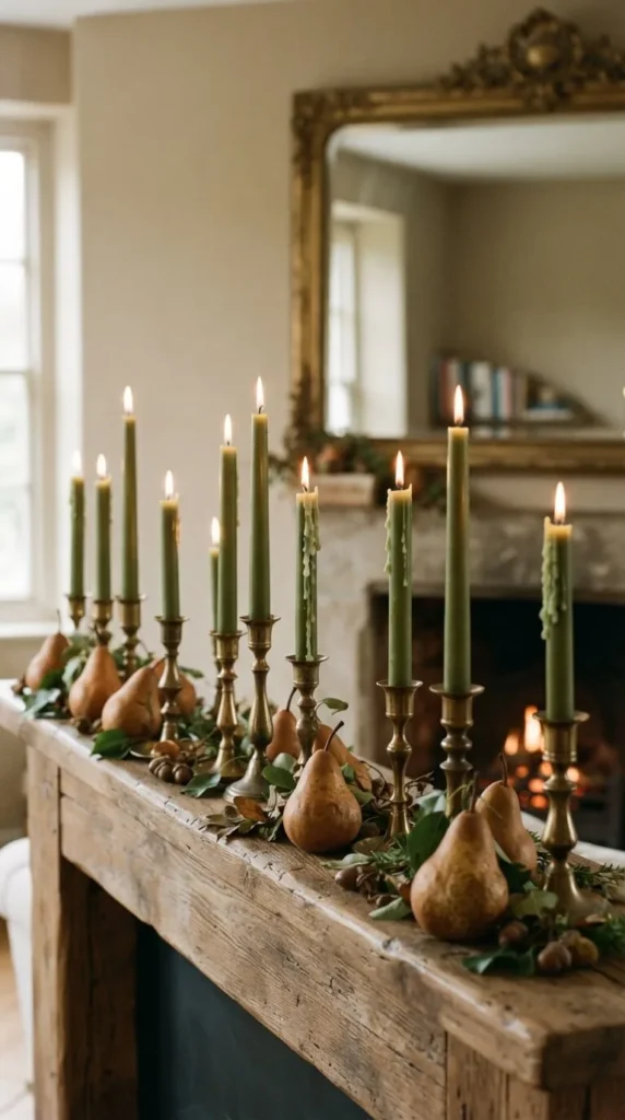 Lit green candles, pears, and greenery on wooden mantel fireplace