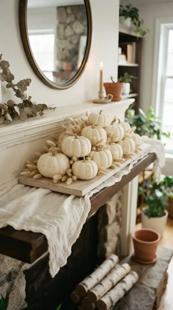 White pumpkins on wooden tray atop fireplace mantle, decorated autumn