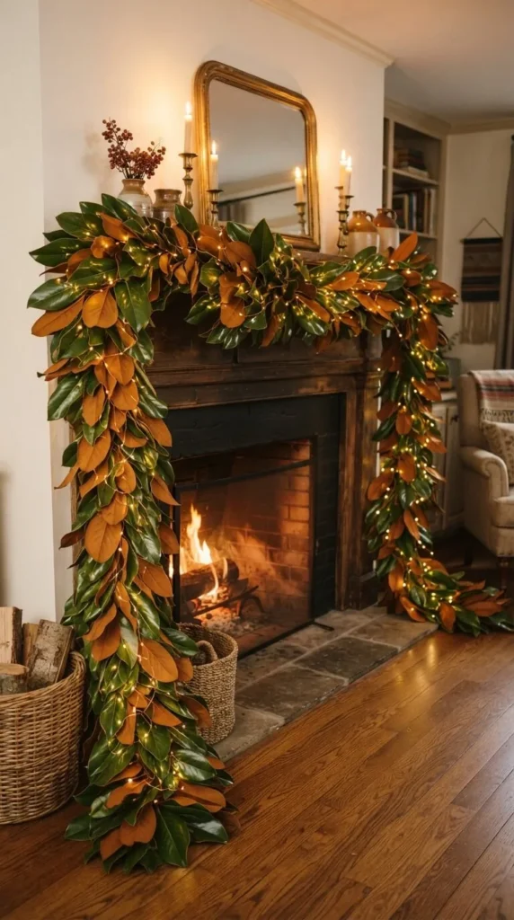 Warm fireplace with leaf garland, glowing lights, and burning fire.