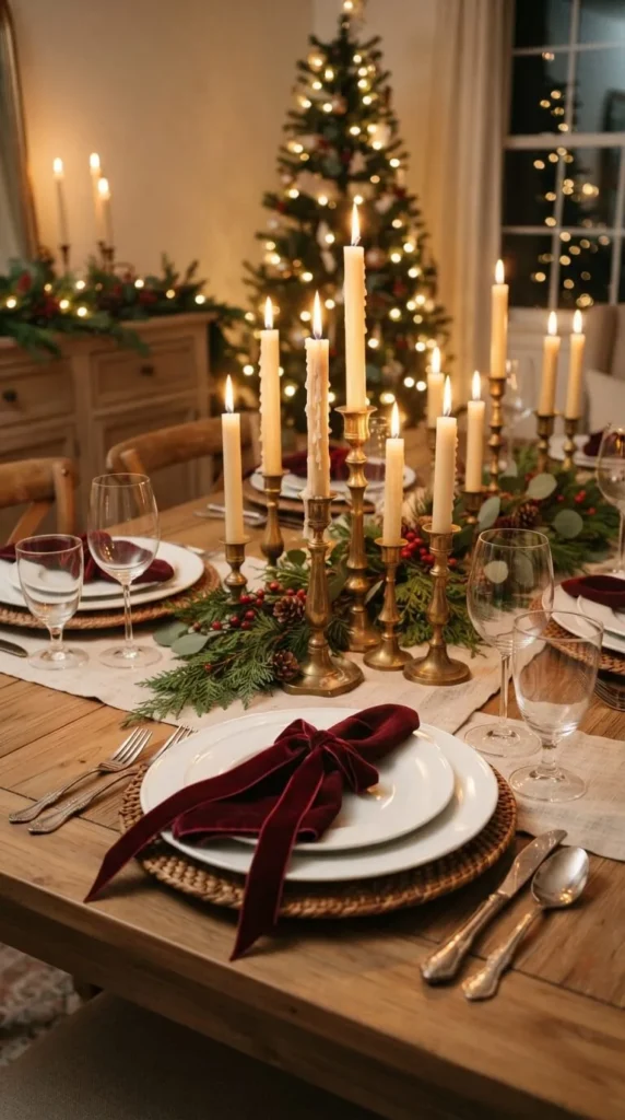 Elegant Christmas dinner table with candles, plates, and lit tree.