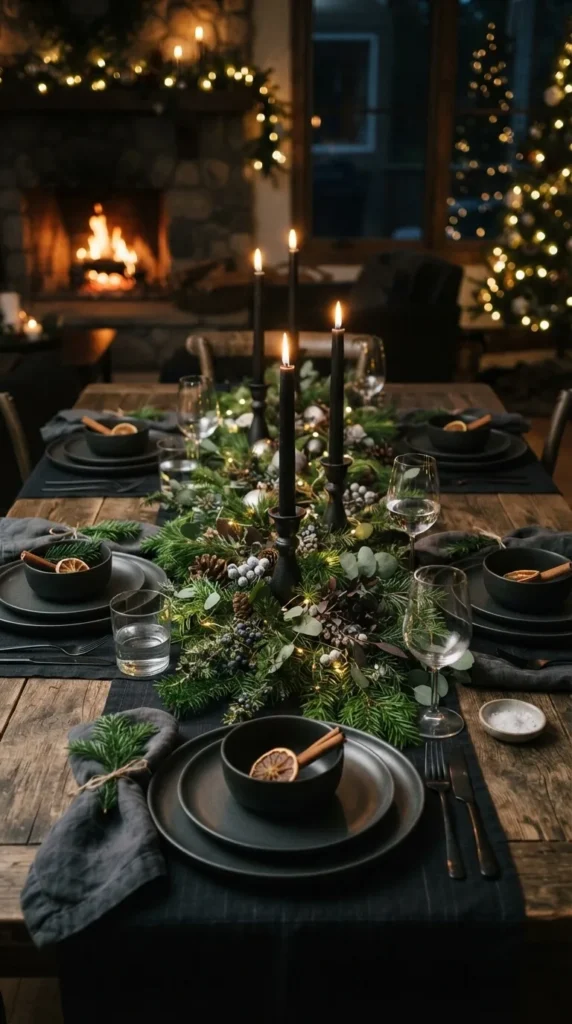 Elegant black dinner table with candles, greenery, fireplace, Christmas tree.