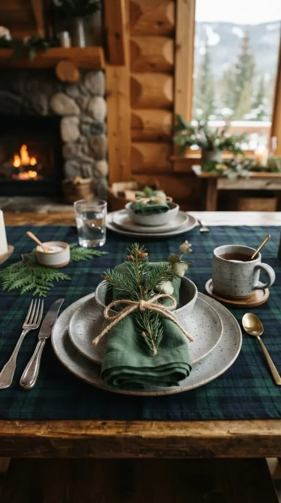 Rustic wooden table set with green napkin, plates, and fireplace.