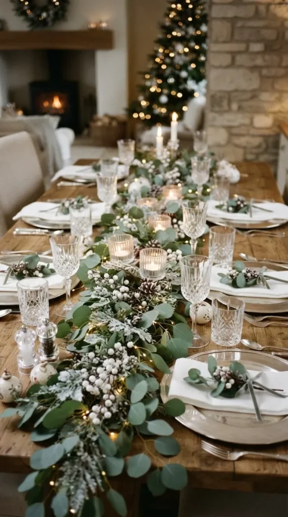Long wooden table set for festive holiday dinner with greenery