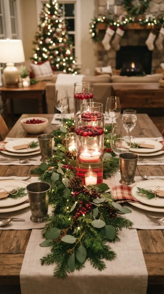 Holiday dinner table with candles, berries, greenery, and Christmas tree