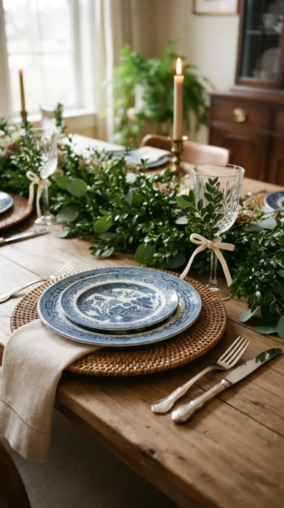 Elegant wooden table set with blue plates, greenery, lit candles.