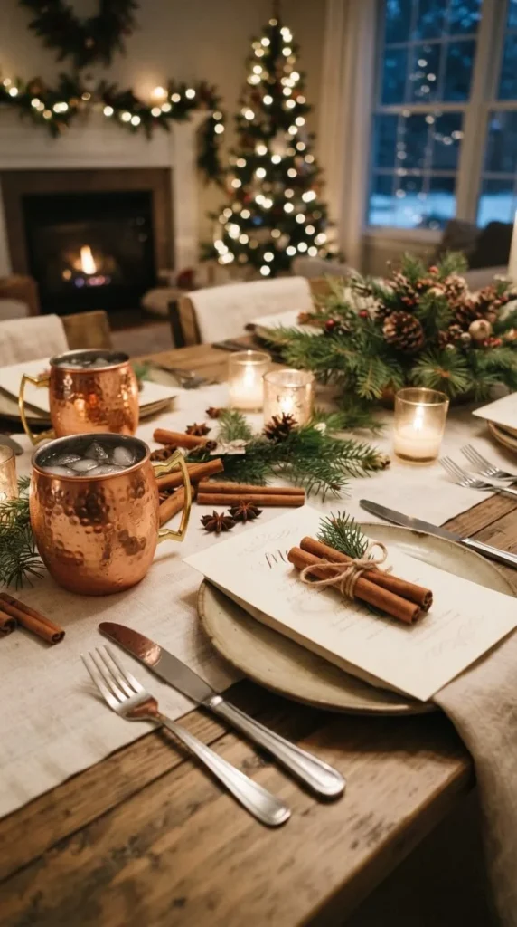 Cozy Christmas dinner table featuring copper mugs, candles, and garland.