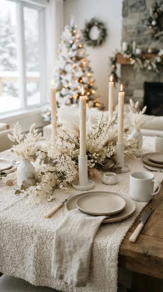 White candles, floral centerpiece, and holiday decor on dining table.