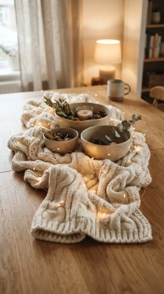 Wooden table with knitted blanket, bowls, pinecones, candles, fairy lights.