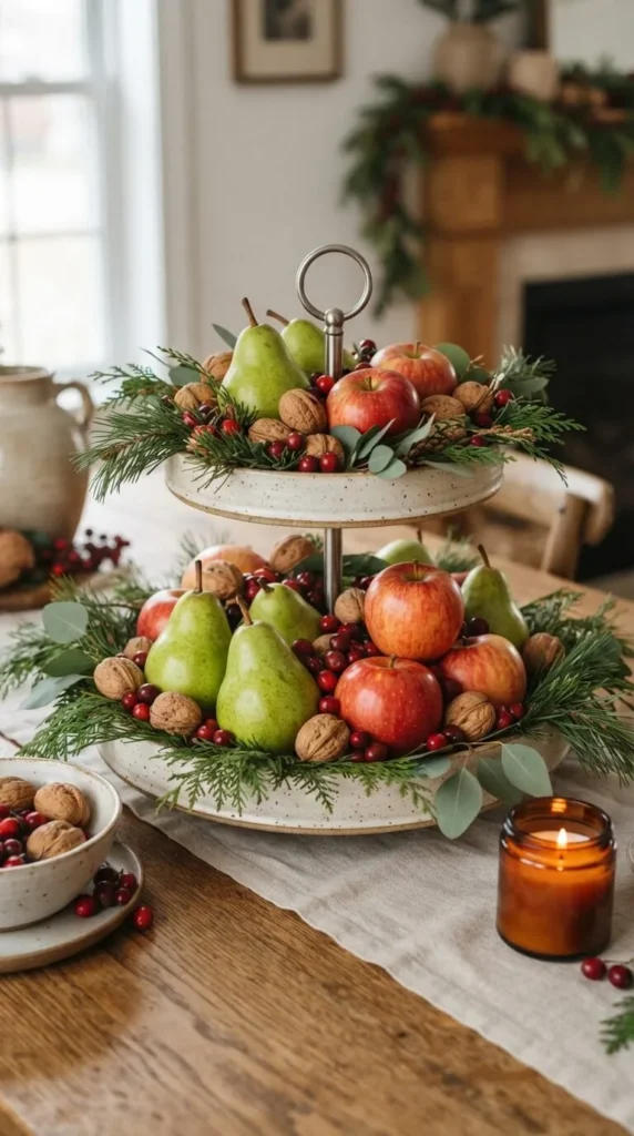 Tiered fruit stand with apples pears walnuts cranberries and greenery