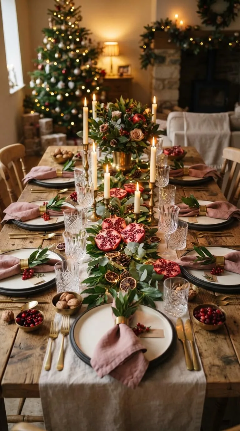 Elegant Christmas dinner table with candles, flowers, pomegranates, festive décor.