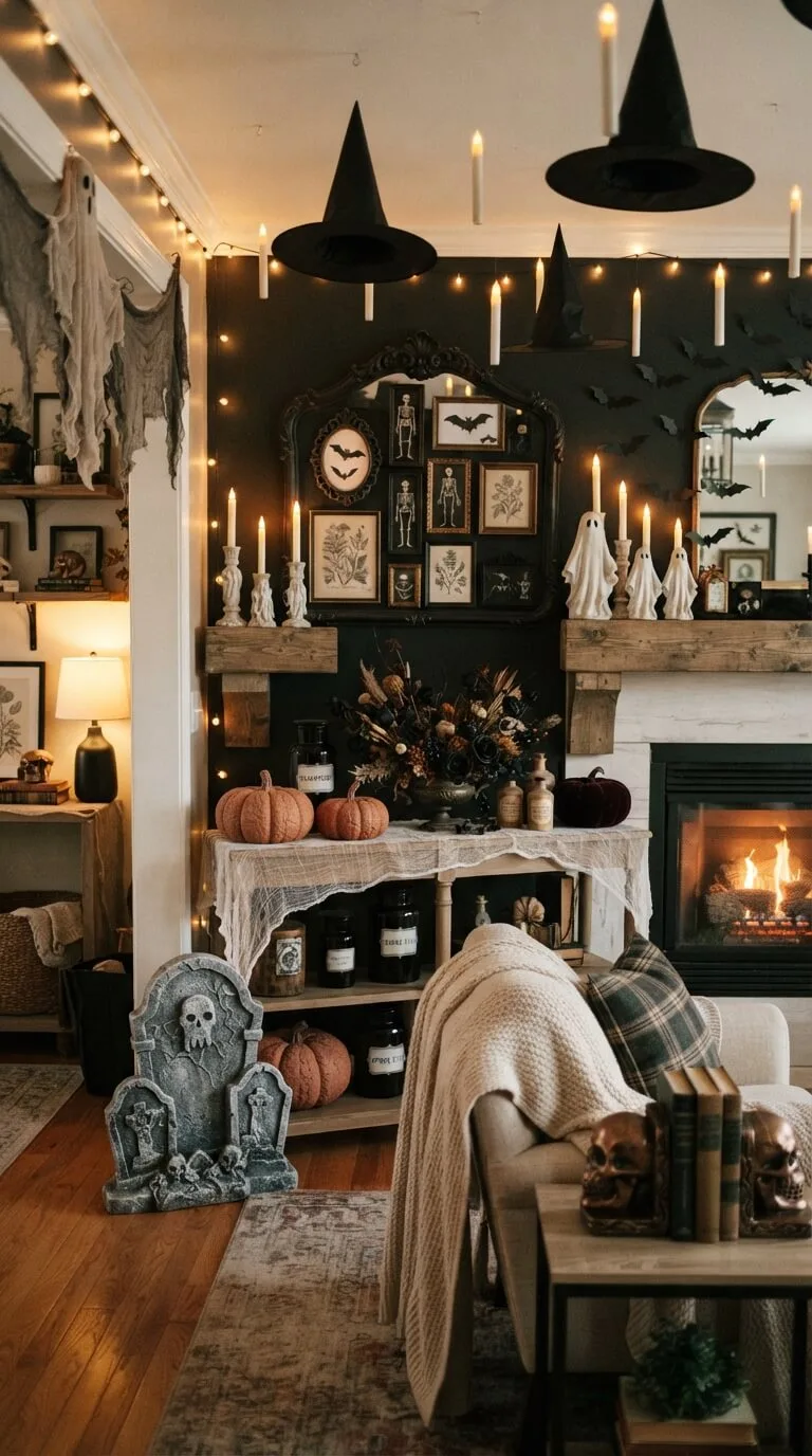 Cozy living room adorned with Halloween decorations, candles, witch hats.