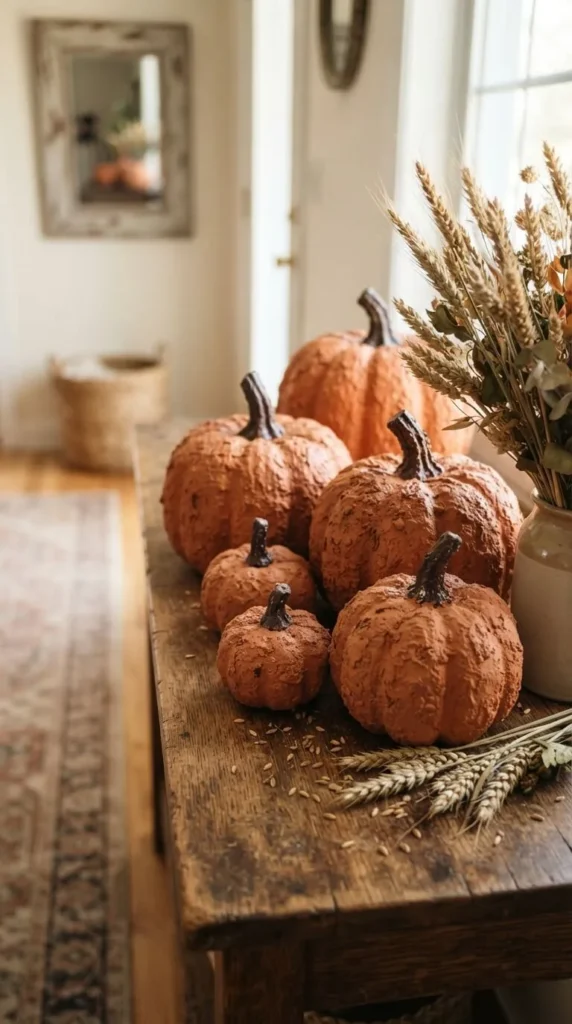 Wooden table displays orange pumpkins, wheat, dried flowers, and basket.