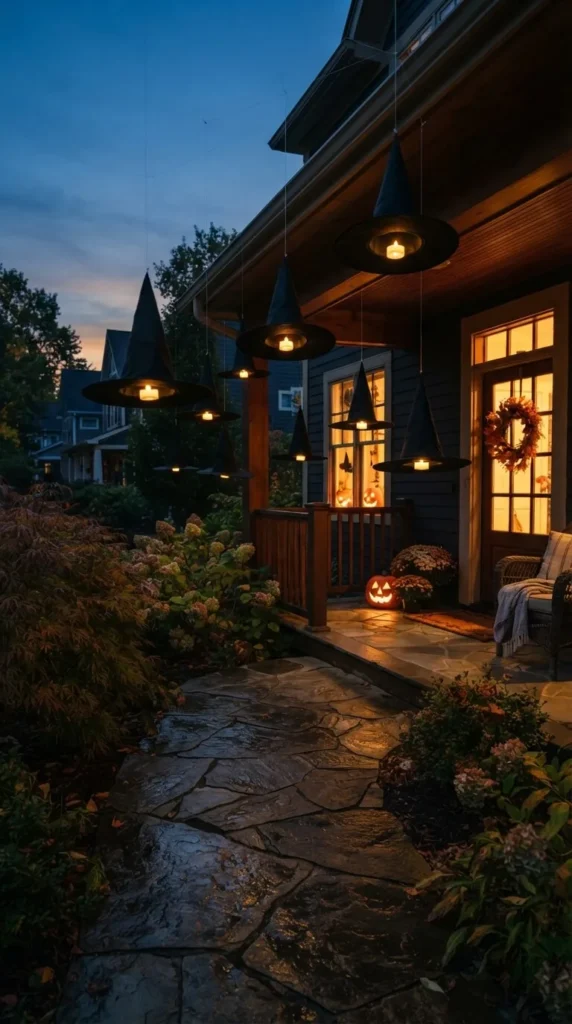 Evening porch with witch hat lights, pumpkin, and wreath door