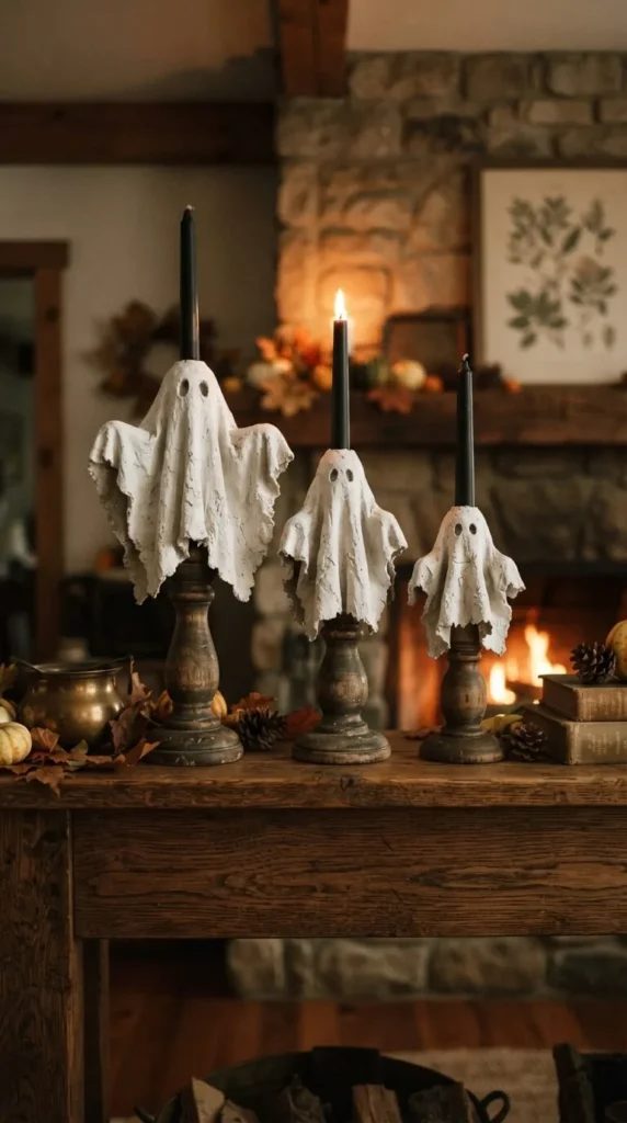 Three ghost-shaped candle holders on wooden table near fireplace autumn