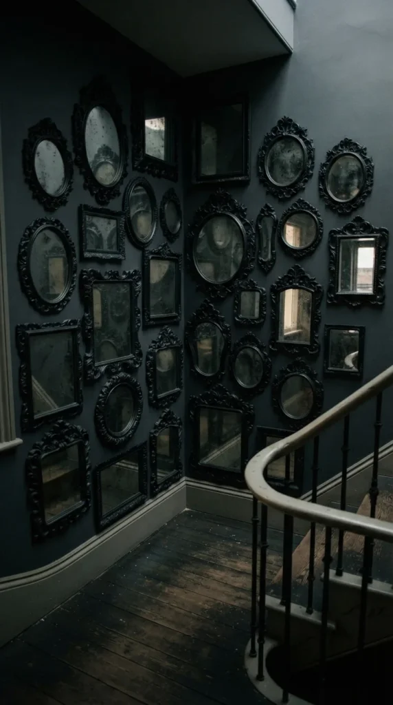 Wall of black ornate mirrors beside a dark staircase railing