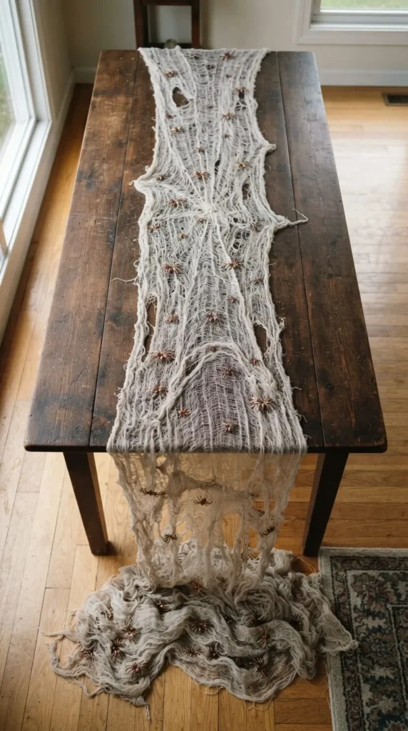Decorative spiderweb table runner with bronze spiders on dark wood.