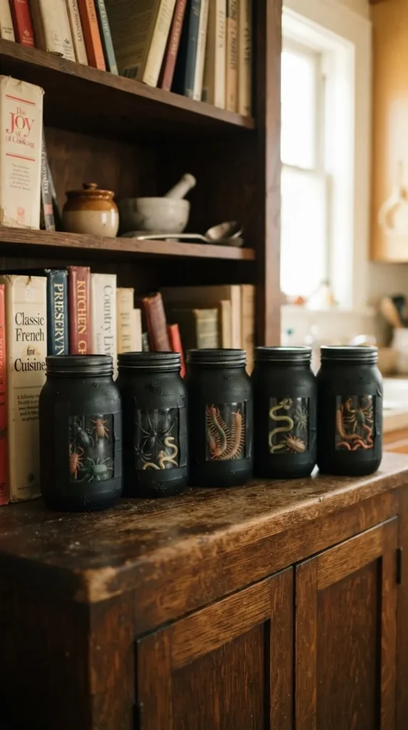 Black jars with preserved insects on wooden surface, bookshelf background