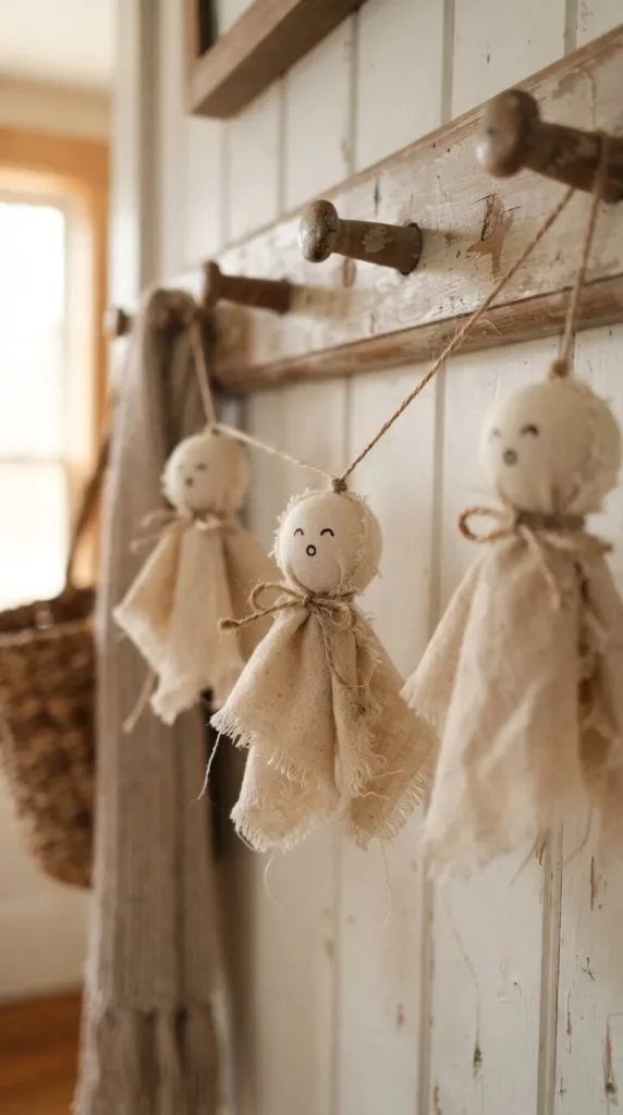 Three fabric ghost dolls hang on a wooden coat rack.