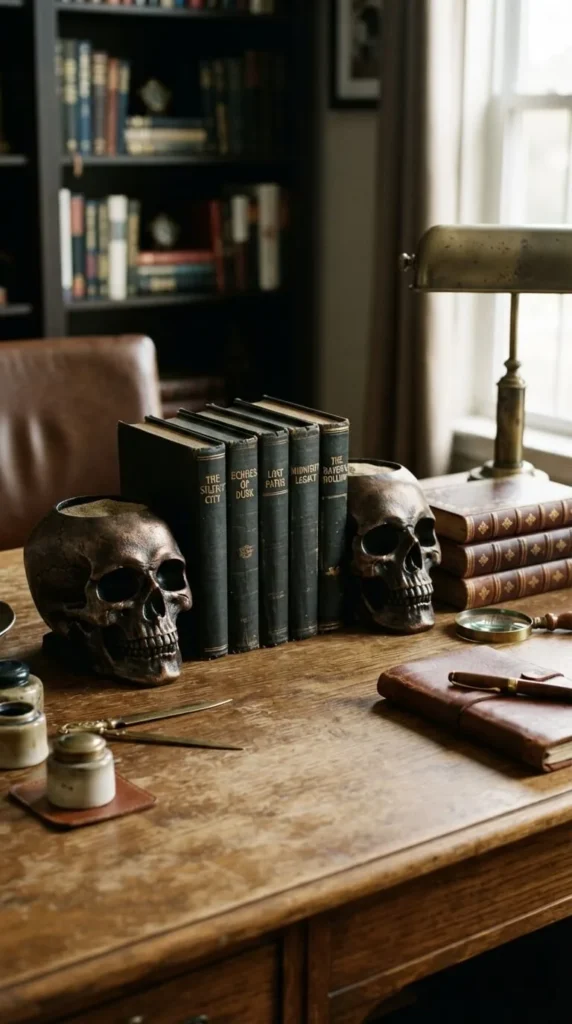 Wooden desk with skulls, vintage books, lamp, old stationery, scene.