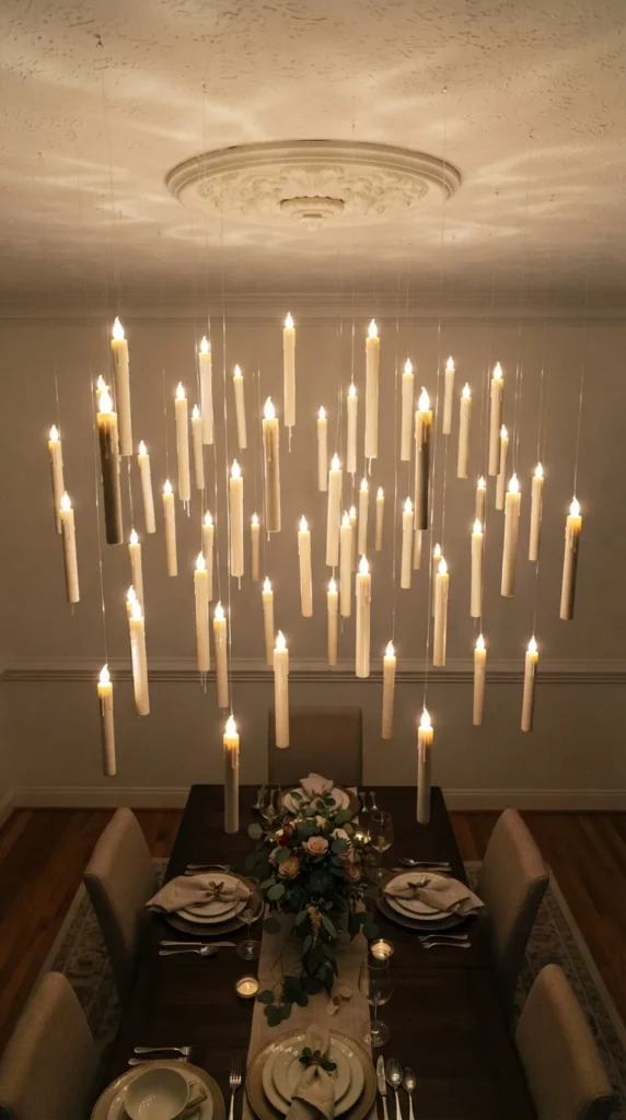 Elegant dining table with candle chandelier and floral centerpiece softly