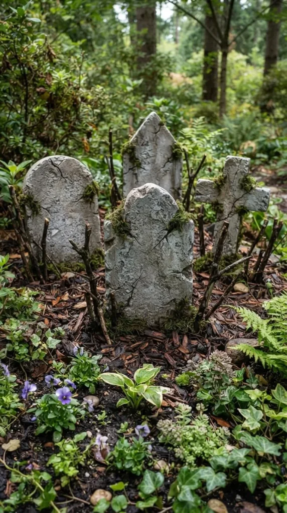 Weathered tombstones stand among moss ferns and purple flowers in