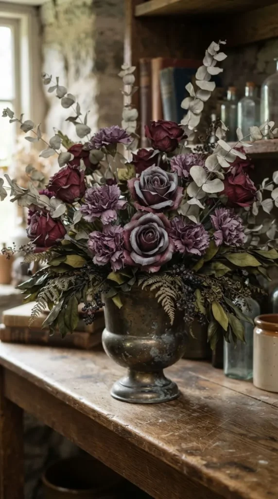 Purple and burgundy roses arranged in a vintage metal vase.