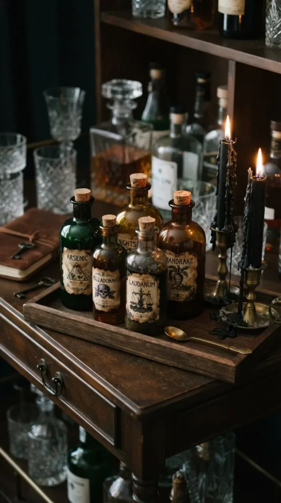Antique table holds labeled potion bottles, candles, glassware, and shelves.