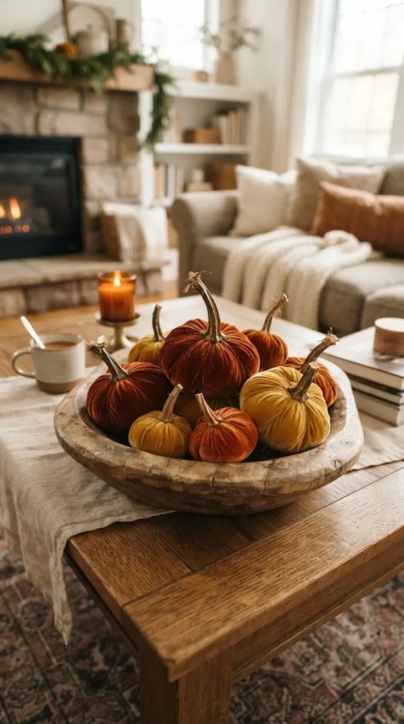 Wooden bowl of velvet pumpkins on coffee table near fireplace