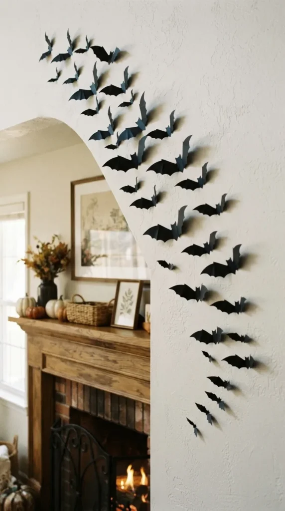 Black paper bats fly up a white wall near fireplace.