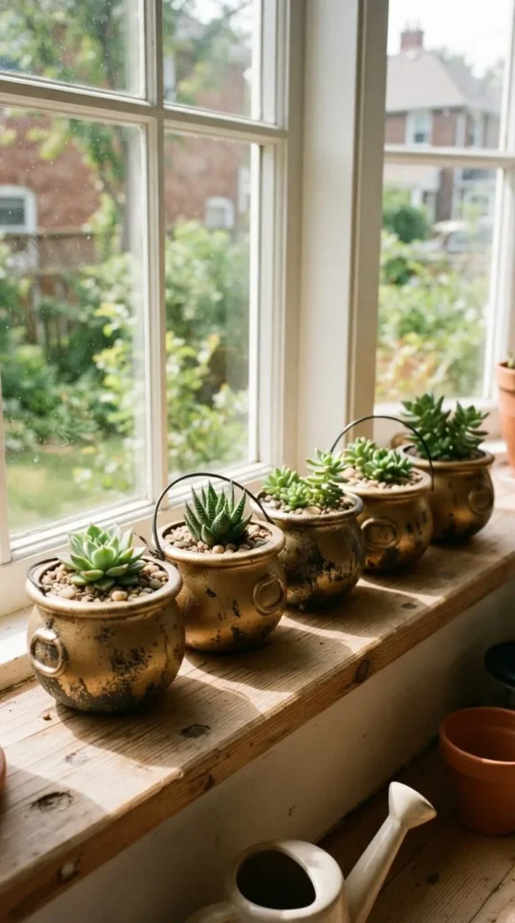 Sunlit windowsill holds five golden pots with succulents outside view