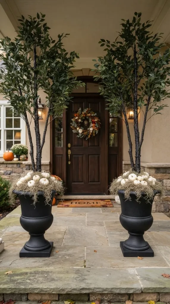 Two black urns with white pumpkins flank a front door.