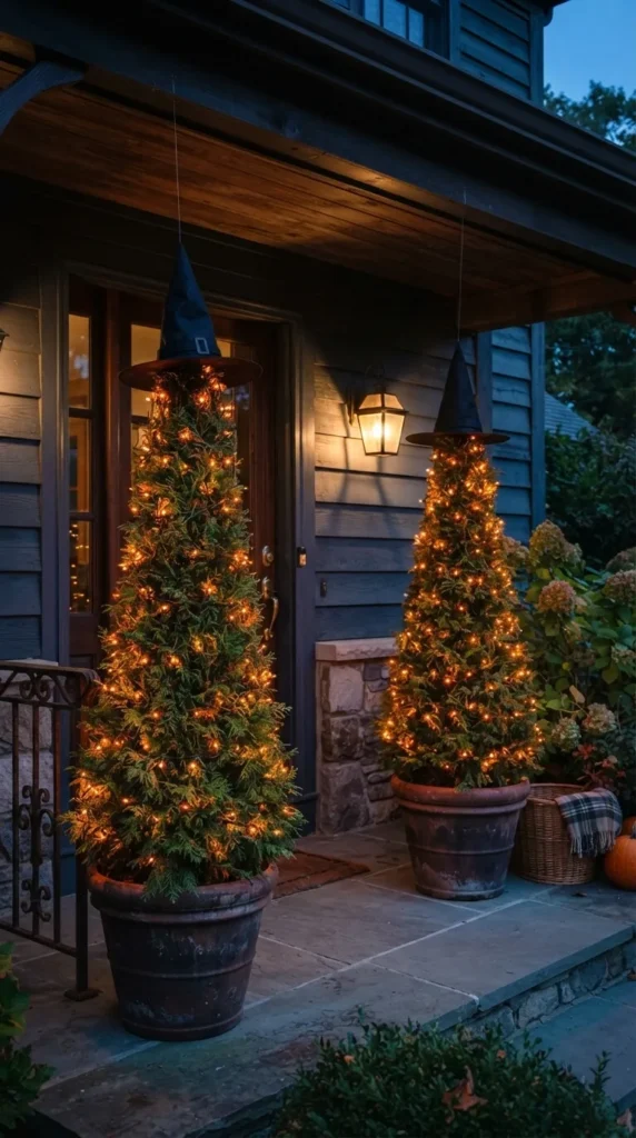 Two evergreen trees with lights wearing witch hats on porch