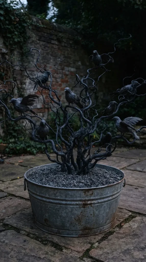 Metal bird sculpture perched on twisted branches inside a bucket