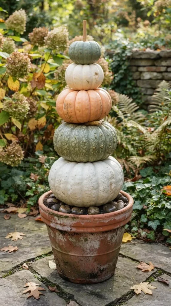 Stacked pumpkins in a terracotta pot, garden autumn stone background