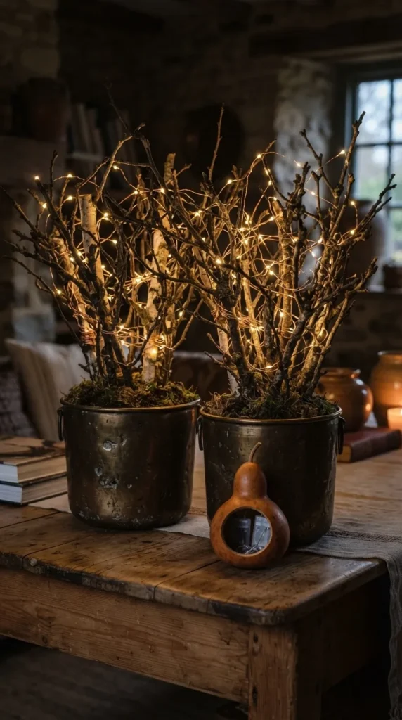 Two lit branch arrangements in metal pots on wooden table
