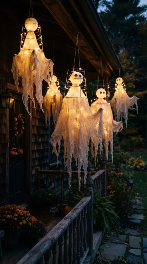 Spooky ghost lanterns with lights hang on porch at night