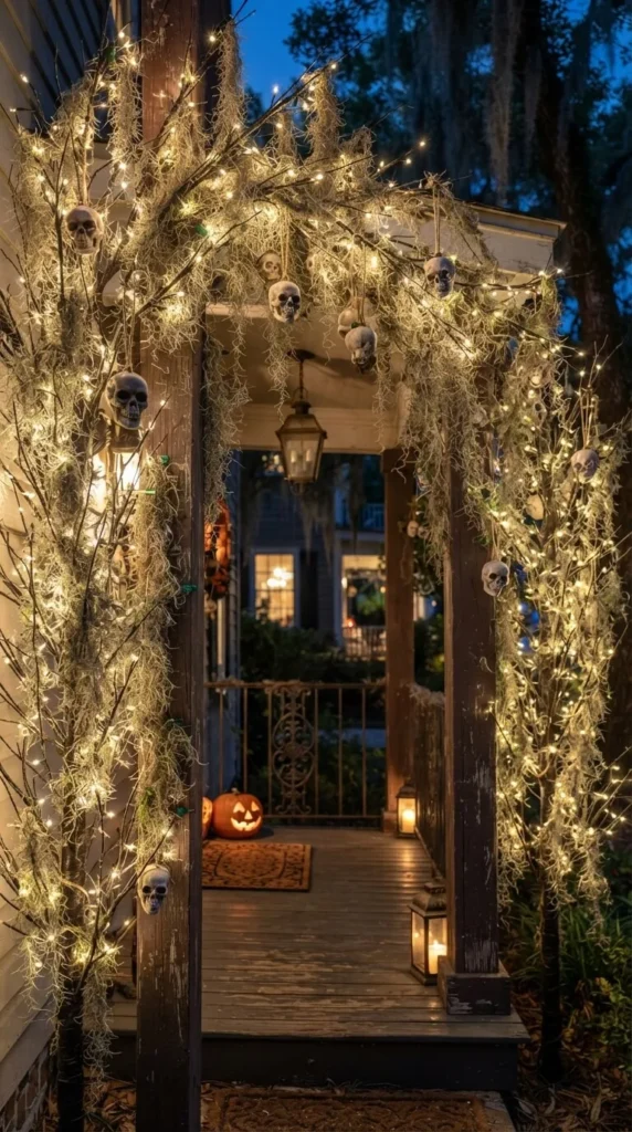 Spooky Halloween porch arch with glowing lights, skulls, and pumpkins.