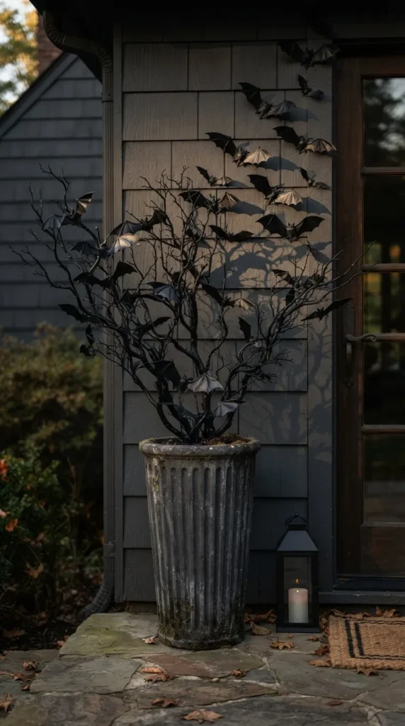 Black bat decorations on bare branches in tall pot outside.