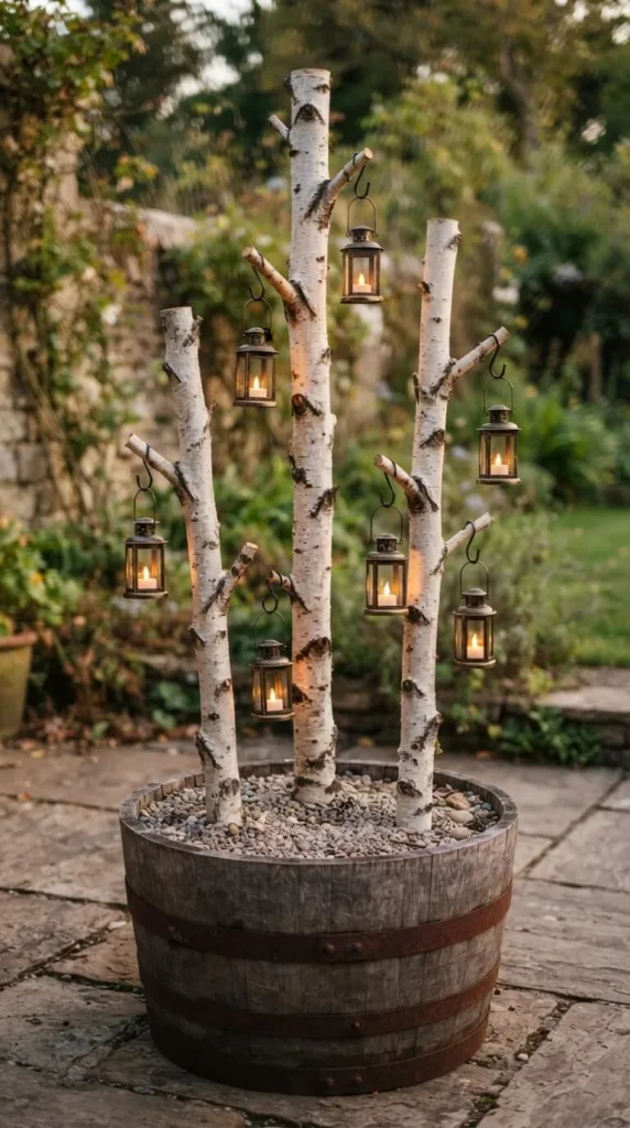 Birch trunks in barrel with hanging lanterns in outdoor garden