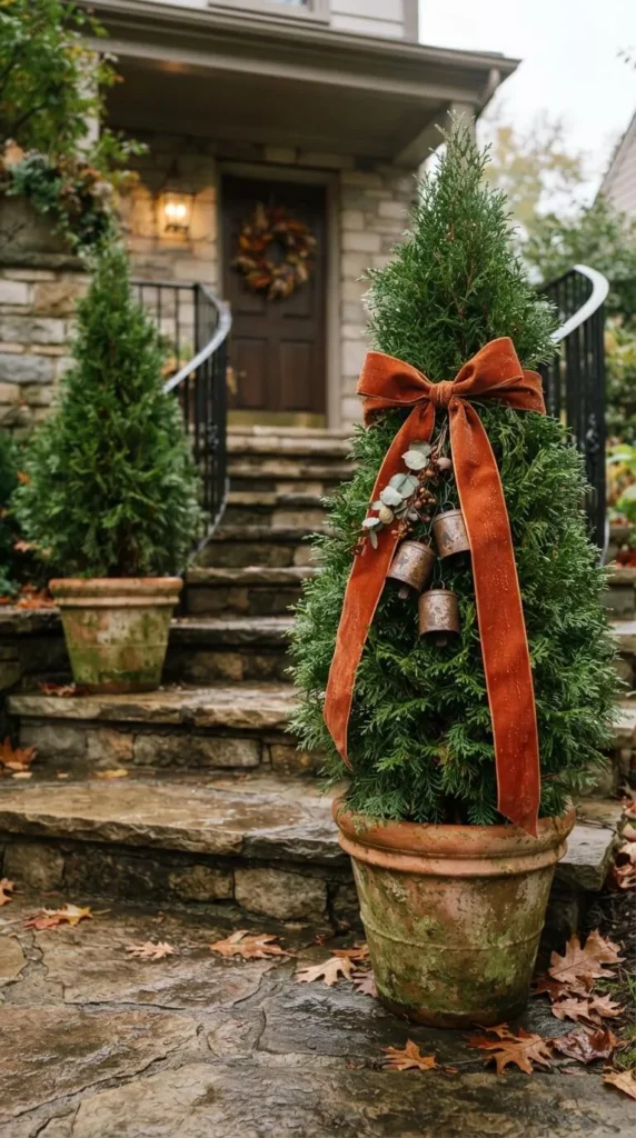Potted evergreen tree with orange ribbon and bells on steps