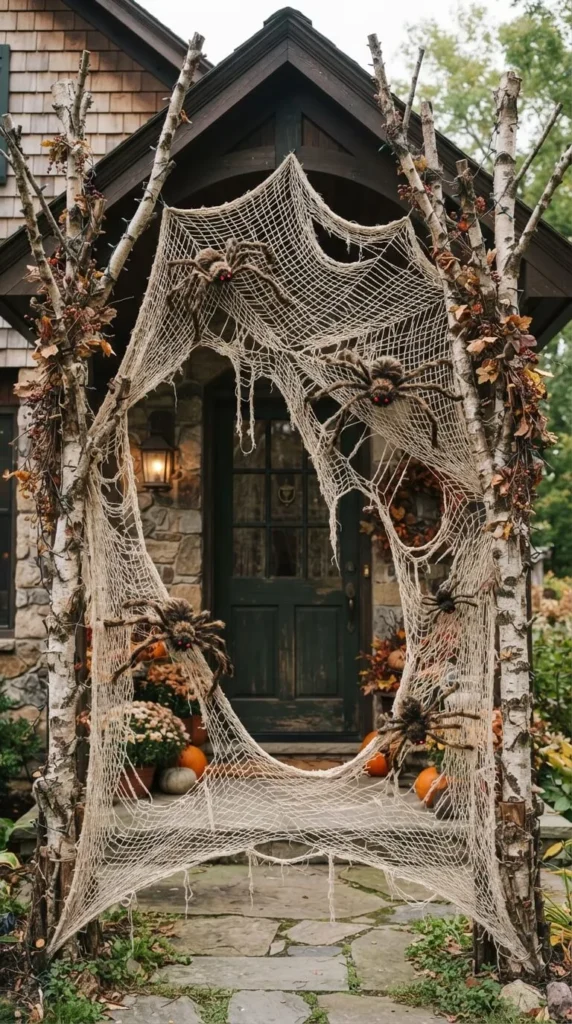 Halloween spiderweb decoration with spiders on porch and birch trees