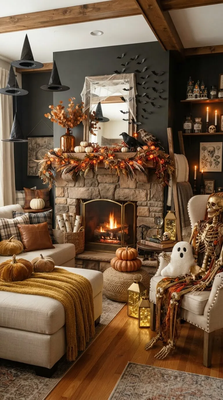Cozy living room Halloween décor fireplace pumpkins skeleton witch hats
