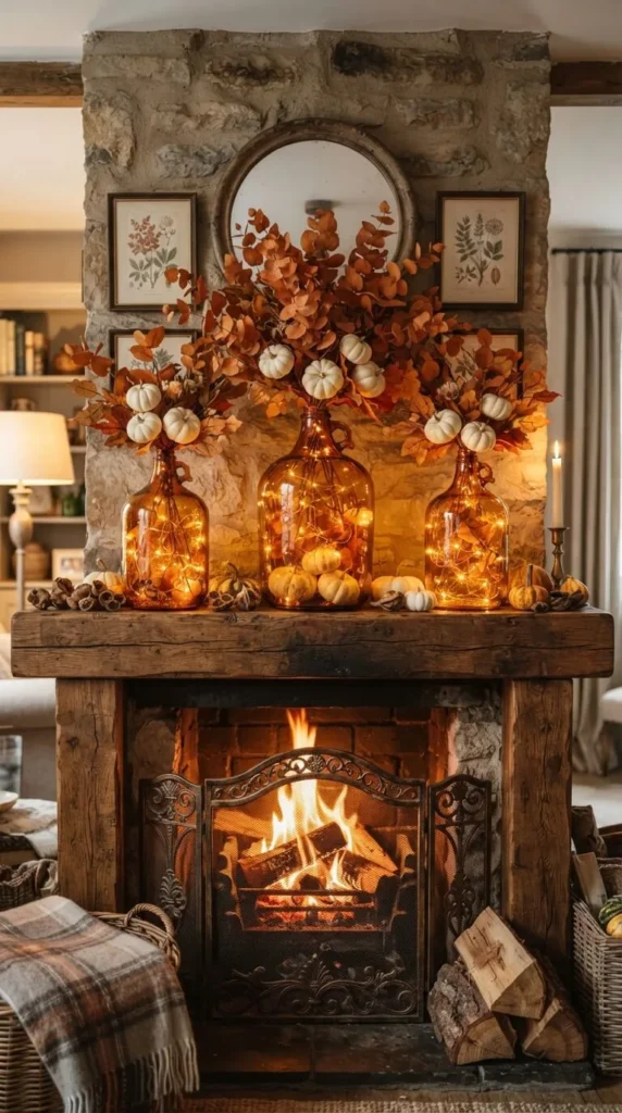 Stone fireplace with lit candles, pumpkins, and autumn floral arrangement.