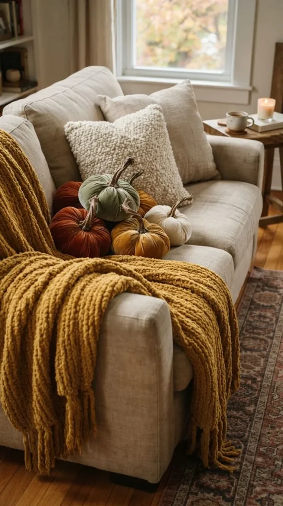 Beige sofa with yellow blanket, pumpkins, and pillows near window