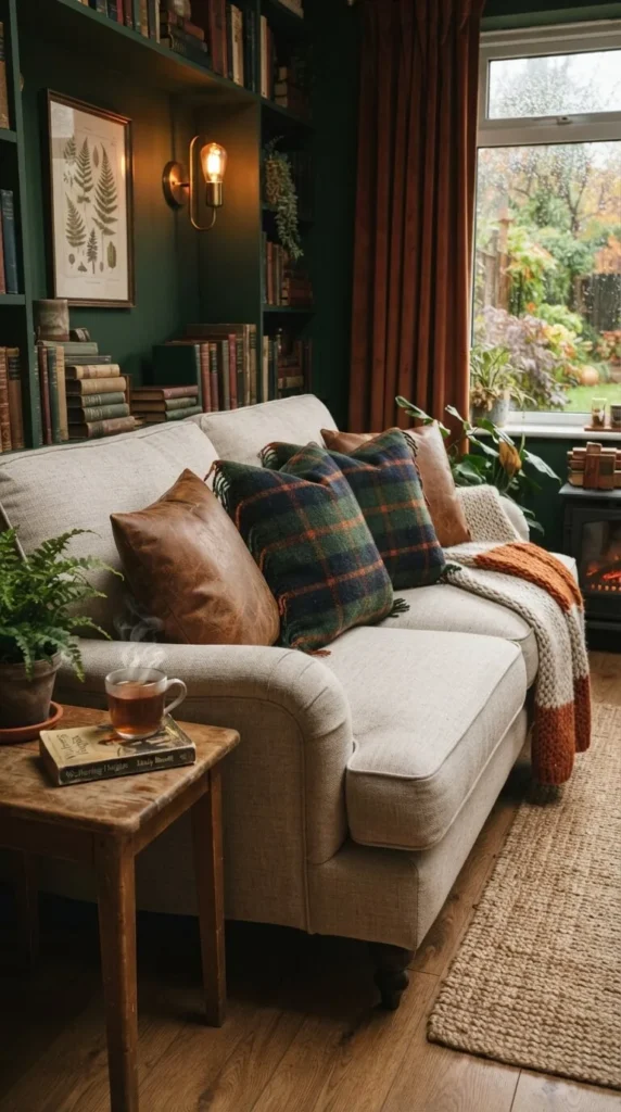 Cozy living room, green walls, bookshelf, sofa, pillows, tea, plant.