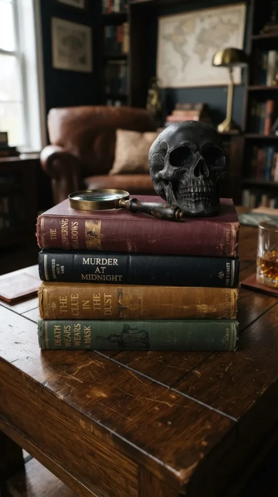 Stack of mystery books with skull, magnifying glass on table.