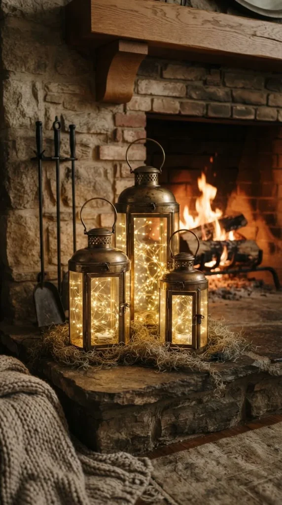 Three brass lanterns with fairy lights sit on stone hearth.