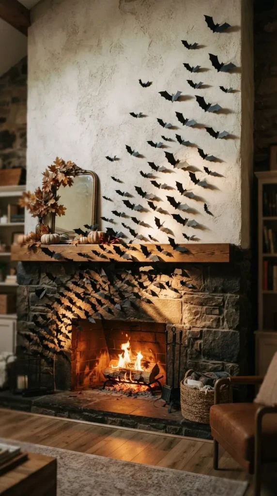 Warm fireplace with stone surround, bats, pumpkins, and autumn leaves.